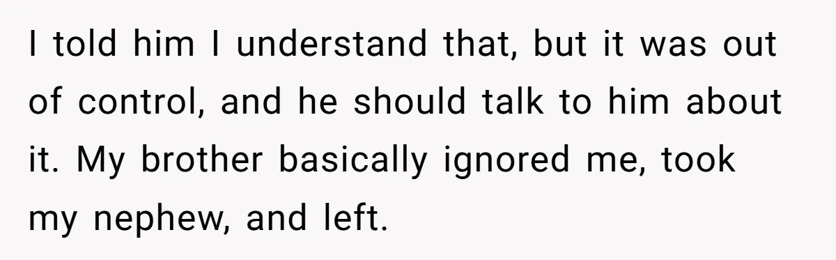 I told him I understand that, but it was out of control, and he should talk to him about it. My brother basically ignored me, took my nephew, and left.