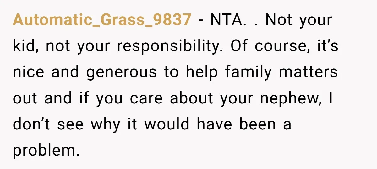 Automatic_Grass_9837 − NTA. . Not your kid, not your responsibility. Of course, it’s nice and generous to help family matters out and if you care about your nephew, I don’t...