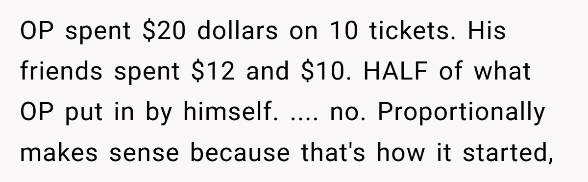 OP spent $20 dollars on 10 tickets. His friends spent $12 and $10. HALF of what OP put in by himself. .... no. Proportionally makes sense because that's how it...