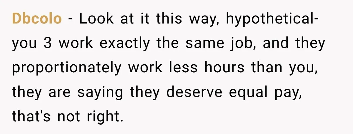 Dbcolo − Look at it this way, hypothetical- you 3 work exactly the same job, and they proportionately work less hours than you, they are saying they deserve equal pay,...
