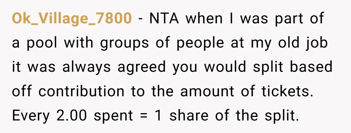 Ok_Village_7800 − NTA when I was part of a pool with groups of people at my old job it was always agreed you would split based off contribution to the...
