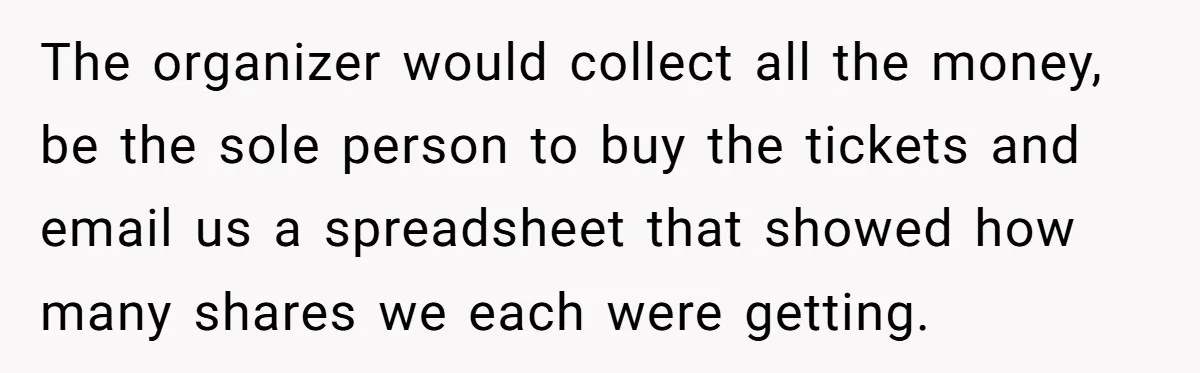 The organizer would collect all the money, be the sole person to buy the tickets and email us a spreadsheet that showed how many shares we each were getting.