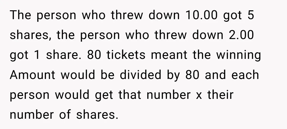 The person who threw down 10.00 got 5 shares, the person who threw down 2.00 got 1 share. 80 tickets meant the winning Amount would be divided by 80 and...