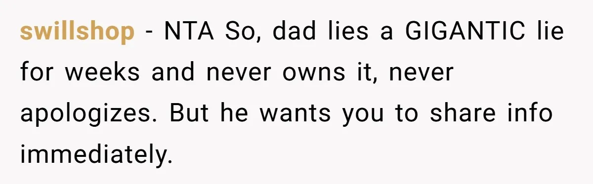 swillshop − NTA So, dad lies a GIGANTIC lie for weeks and never owns it, never apologizes. But he wants you to share info immediately.
