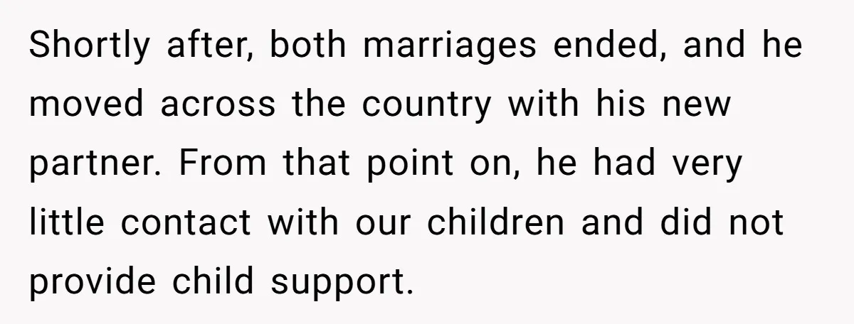 Shortly after, both marriages ended, and he moved across the country with his new partner. From that point on, he had very little contact with our children and did not...