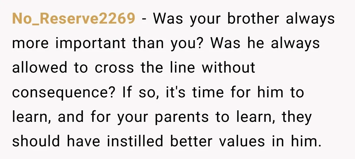No_Reserve2269 − Was your brother always more important than you? Was he always allowed to cross the line without consequence? If so, it's time for him to learn, and for...