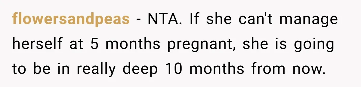 flowersandpeas − NTA. If she can't manage herself at 5 months pregnant, she is going to be in really deep 10 months from now.