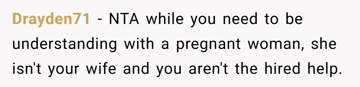 Drayden71 − NTA while you need to be understanding with a pregnant woman, she isn't your wife and you aren't the hired help.