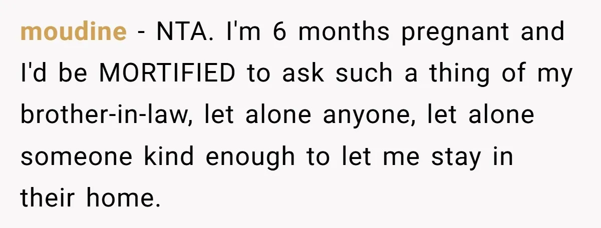 moudine − NTA. I'm 6 months pregnant and I'd be MORTIFIED to ask such a thing of my brother-in-law, let alone anyone, let alone someone kind enough to let me...