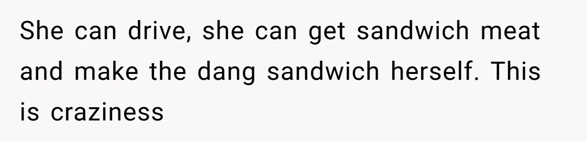 She can drive, she can get sandwich meat and make the dang sandwich herself. This is craziness