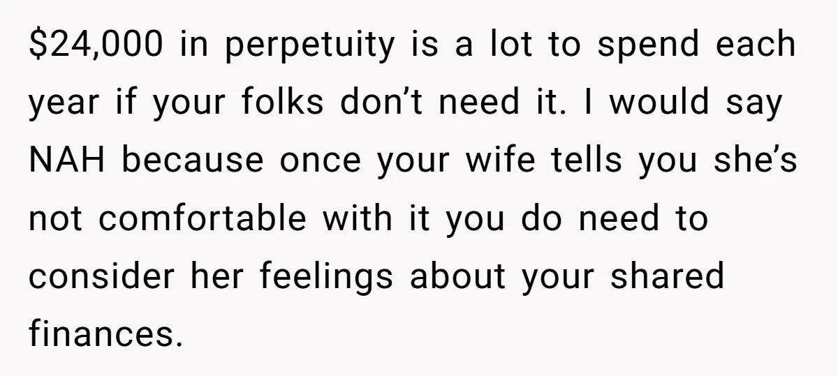 $24,000 in perpetuity is a lot to spend each year if your folks don’t need it. I would say NAH because once your wife tells you she’s not comfortable with...
