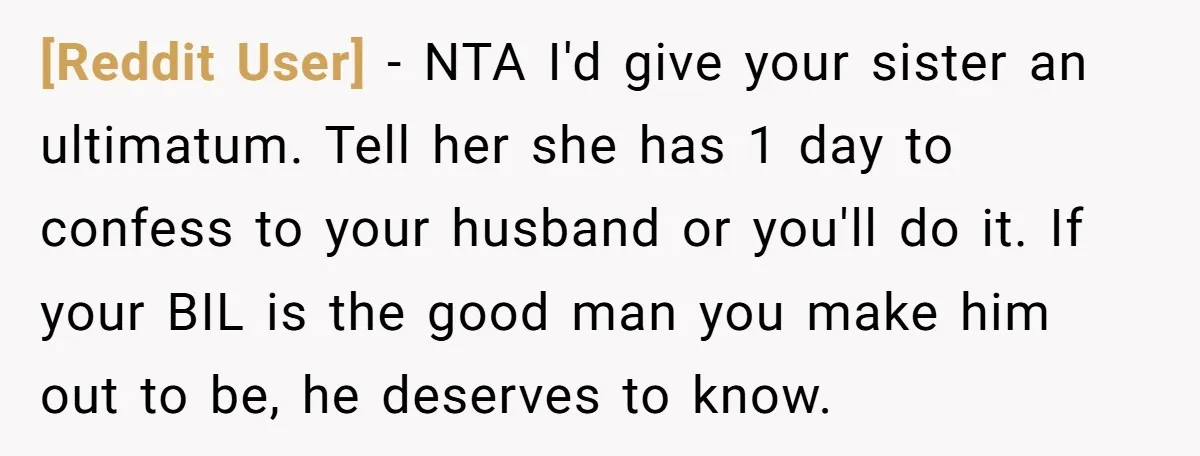 [Reddit User] − NTA I'd give your sister an ultimatum. Tell her she has 1 day to confess to your husband or you'll do it. If your BIL is the...