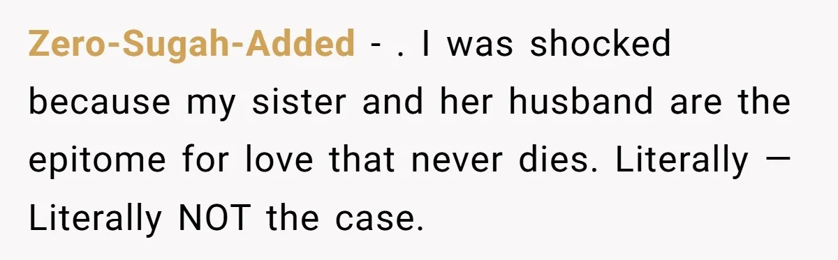 Zero-Sugah-Added − . I was shocked because my sister and her husband are the epitome for love that never dies. Literally — Literally NOT the case.