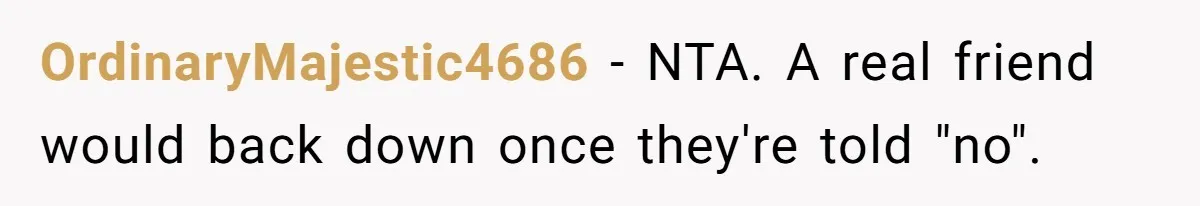 OrdinaryMajestic4686 − NTA. A real friend would back down once they're told "no".