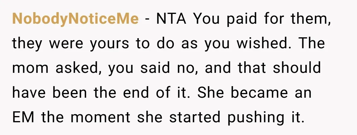 NobodyNoticeMe − NTA You paid for them, they were yours to do as you wished. The mom asked, you said no, and that should have been the end of it....