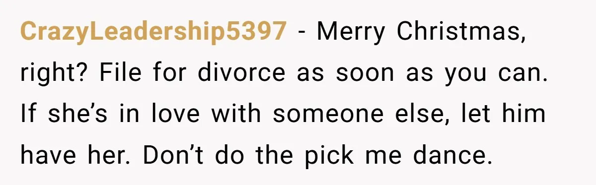 CrazyLeadership5397 − Merry Christmas, right? File for divorce as soon as you can. If she’s in love with someone else, let him have her. Don’t do the pick me dance.
