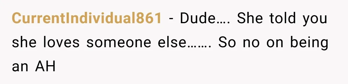 CurrentIndividual861 − Dude…. She told you she loves someone else……. So no on being an AH