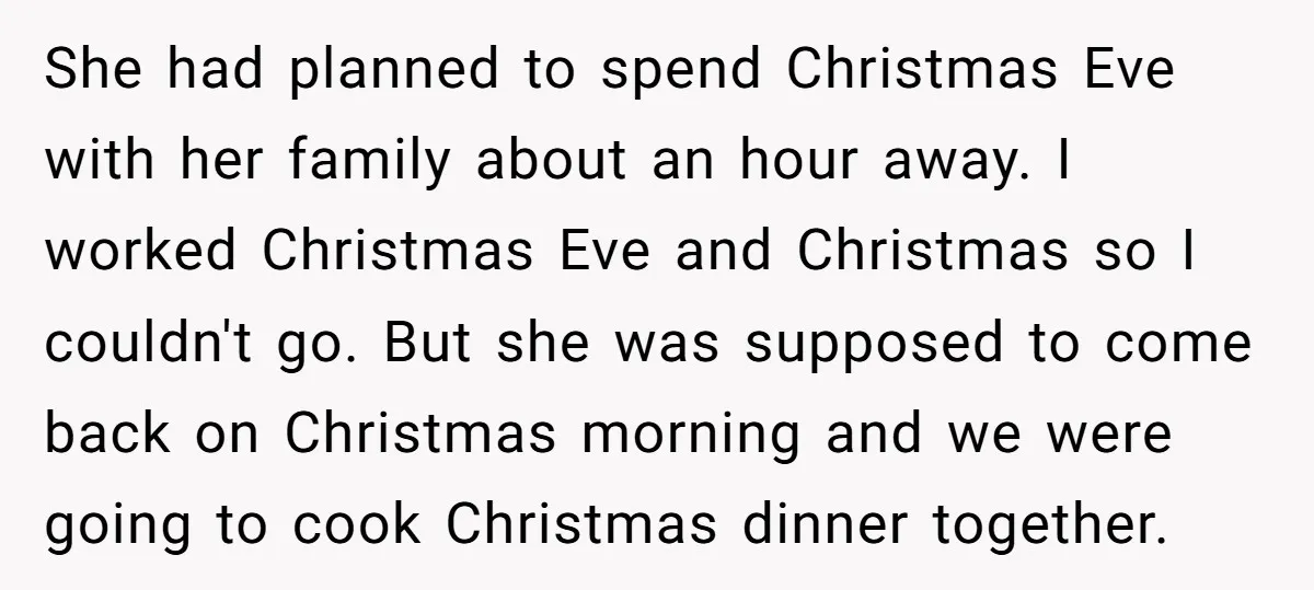 She had planned to spend Christmas Eve with her family about an hour away. I worked Christmas Eve and Christmas so I couldn't go. But she was supposed to come...