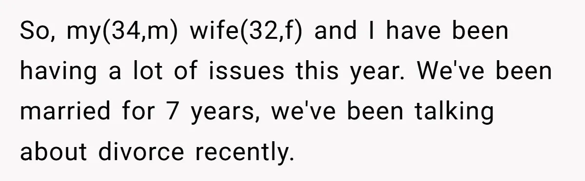 So, my(34,m) wife(32,f) and I have been having a lot of issues this year. We've been married for 7 years, we've been talking about divorce recently.