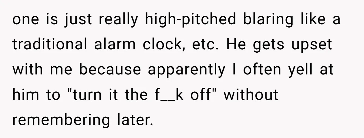 one is just really high-pitched blaring like a traditional alarm clock, etc. He gets upset with me because apparently I often yell at him to "turn it the f__k off"...