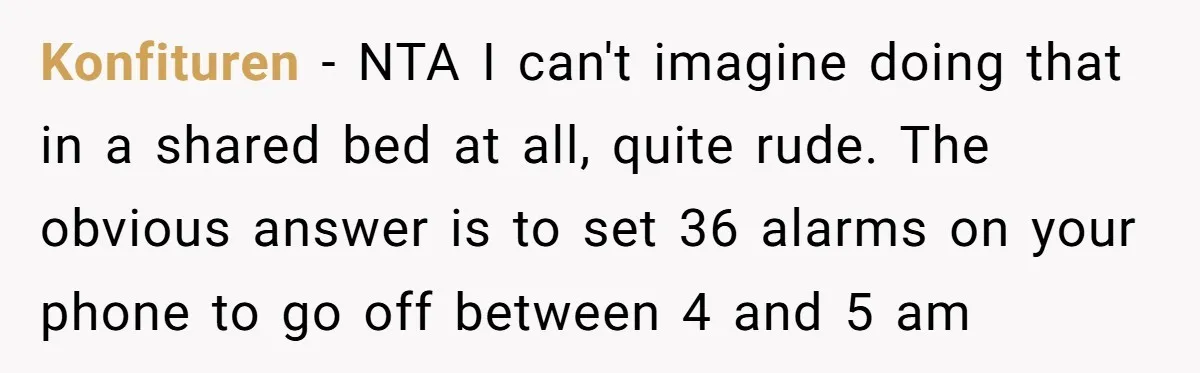 Konfituren − NTA I can't imagine doing that in a shared bed at all, quite rude. The obvious answer is to set 36 alarms on your phone to go off...