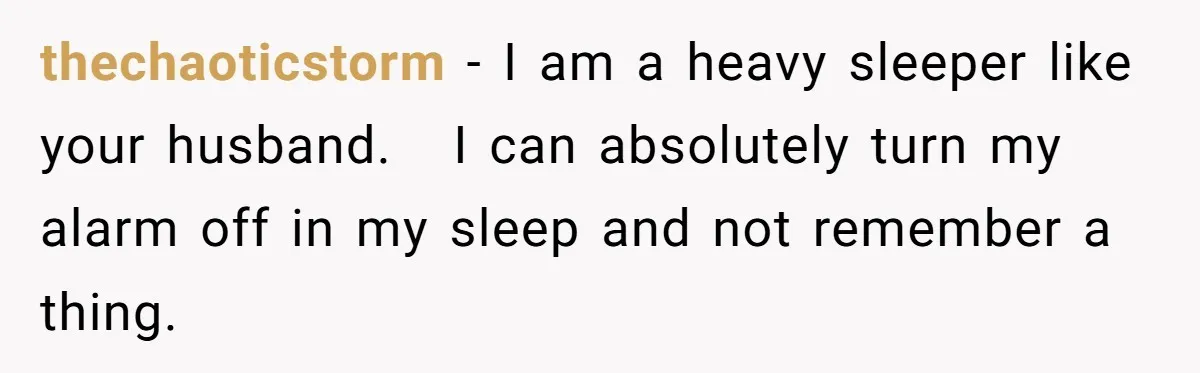 thechaoticstorm − I am a heavy sleeper like your husband.   I can absolutely turn my alarm off in my sleep and not remember a thing.