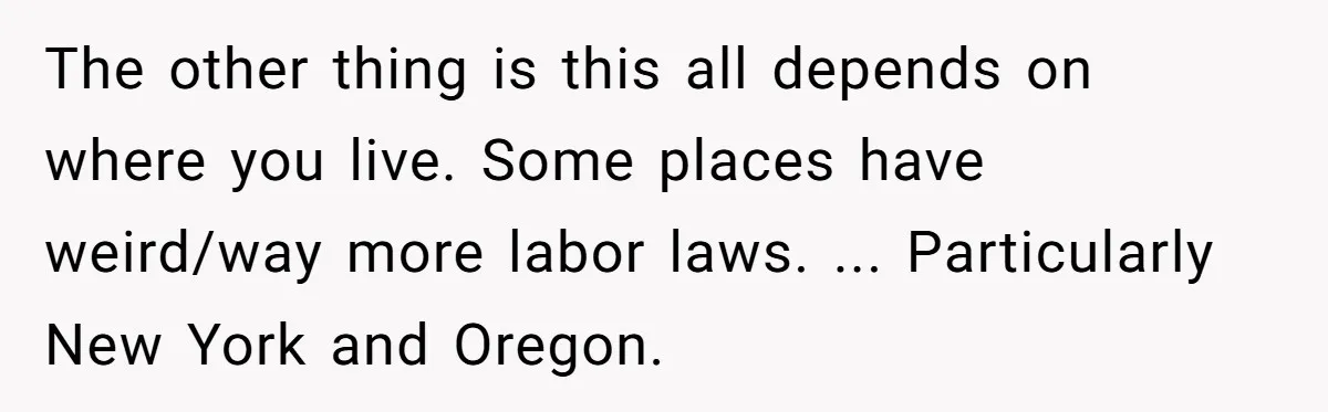 The other thing is this all depends on where you live. Some places have weird/way more labor laws. ... Particularly New York and Oregon.