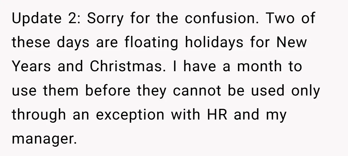 Update 2: Sorry for the confusion. Two of these days are floating holidays for New Years and Christmas. I have a month to use them before they cannot be used...