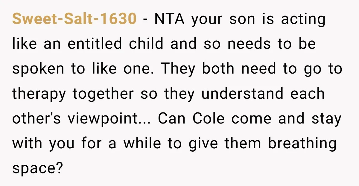 Sweet-Salt-1630 − NTA your son is acting like an entitled child and so needs to be spoken to like one. They both need to go to therapy together so they...