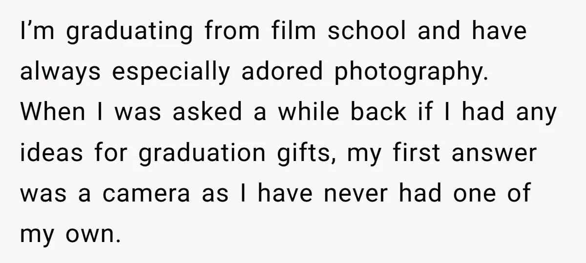 I’m graduating from film school and have always especially adored photography. When I was asked a while back if I had any ideas for graduation gifts, my first answer was...