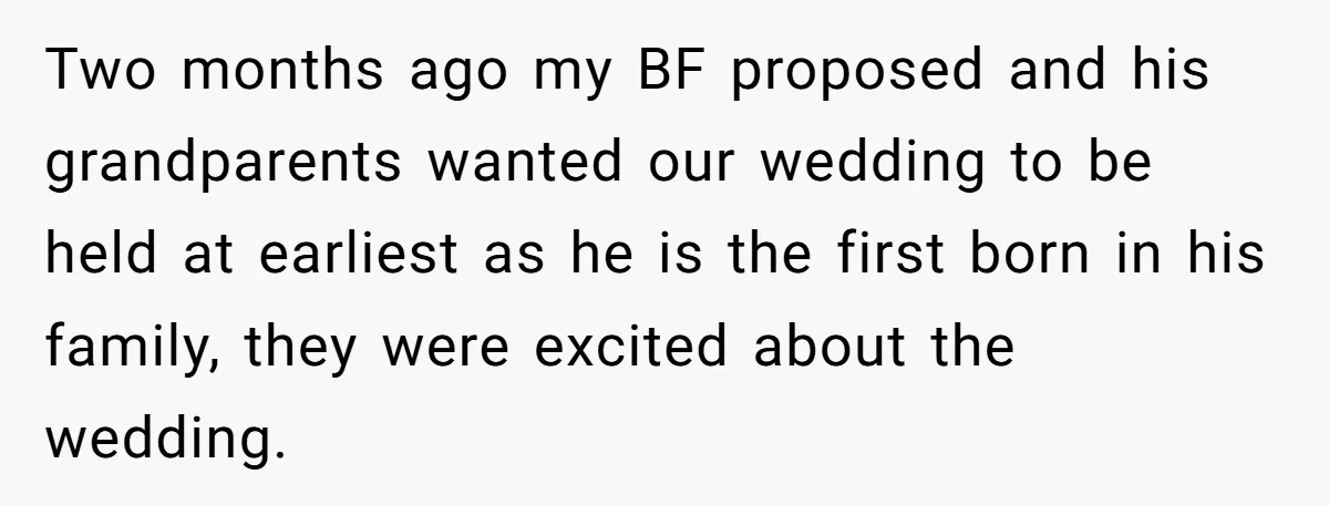 Two months ago my BF proposed and his grandparents wanted our wedding to be held at earliest as he is the first born in his family, they were excited about...