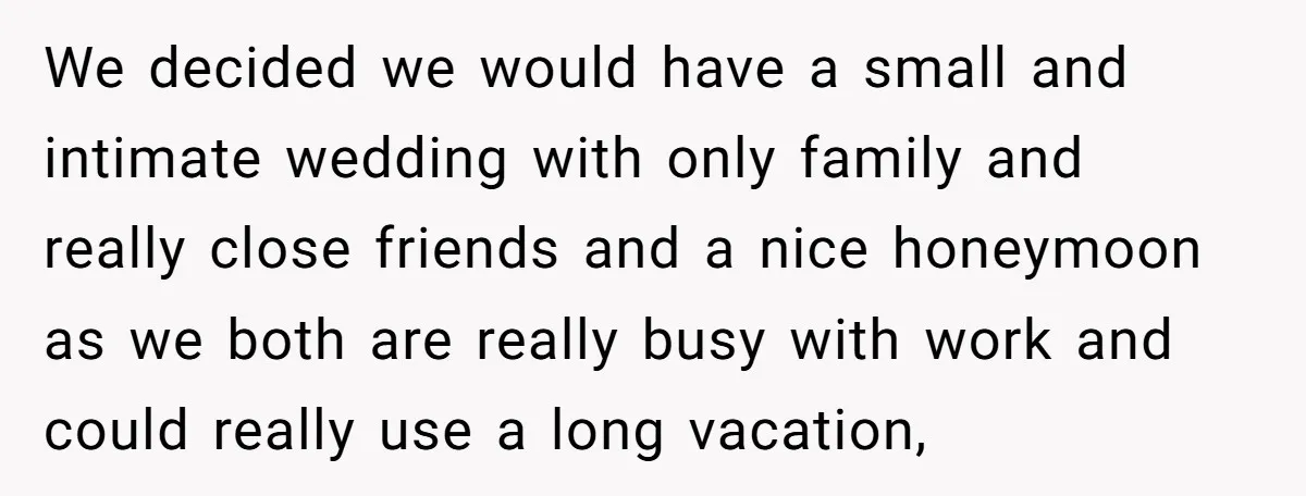 We decided we would have a small and intimate wedding with only family and really close friends and a nice honeymoon as we both are really busy with work and...