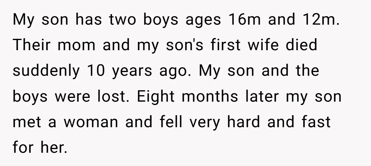 My son has two boys ages 16m and 12m. Their mom and my son's first wife died suddenly 10 years ago. My son and the boys were lost. Eight months...