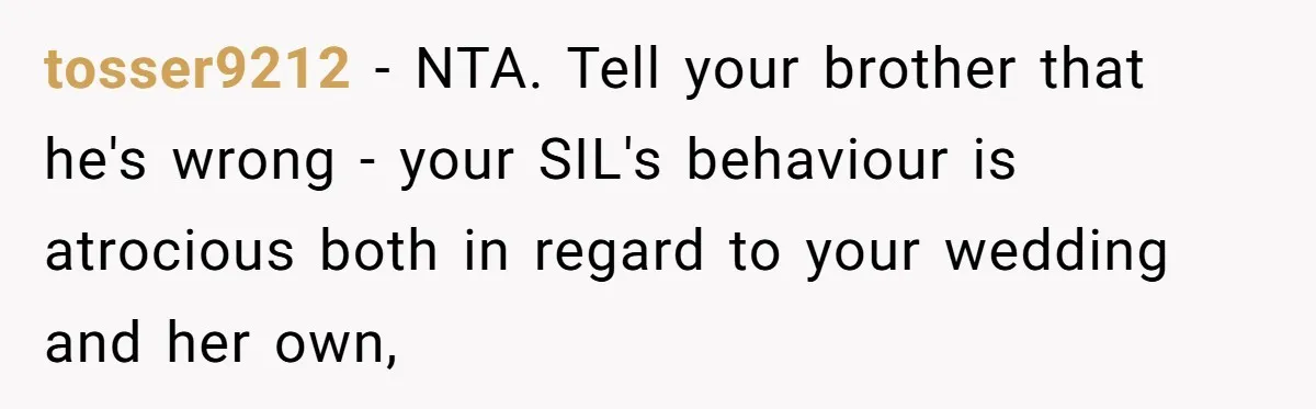 tosser9212 − NTA. Tell your brother that he's wrong - your SIL's behaviour is atrocious both in regard to your wedding and her own,