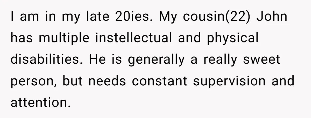 I am in my late 20ies. My cousin(22) John has multiple instellectual and physical disabilities. He is generally a really sweet person, but needs constant supervision and attention.