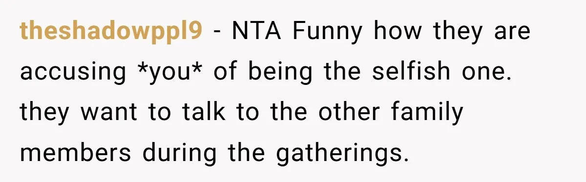 theshadowppl9 − NTA Funny how they are accusing *you* of being the selfish one. they want to talk to the other family members during the gatherings.