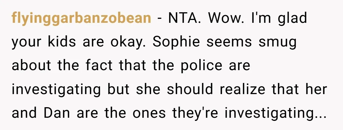 flyinggarbanzobean − NTA. Wow. I'm glad your kids are okay. Sophie seems smug about the fact that the police are investigating but she should realize that her and Dan are...