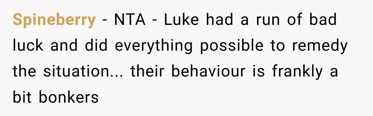 Spineberry − NTA - Luke had a run of bad luck and did everything possible to remedy the situation... their behaviour is frankly a bit bonkers