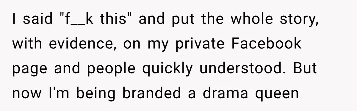 I said "f__k this" and put the whole story, with evidence, on my private Facebook page and people quickly understood. But now I'm being branded a drama queen
