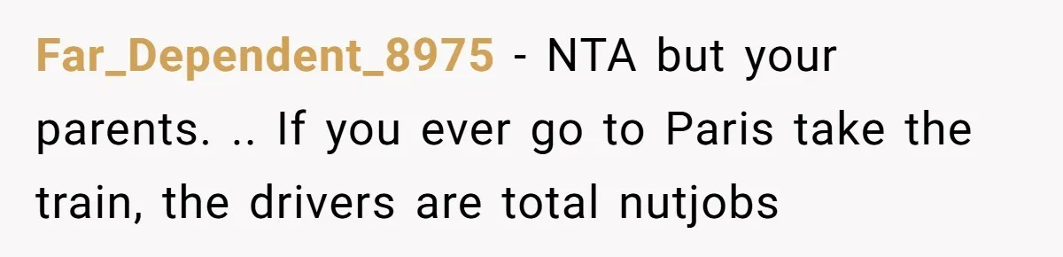 Far_Dependent_8975 − NTA but your parents. .. If you ever go to Paris take the train, the drivers are total nutjobs