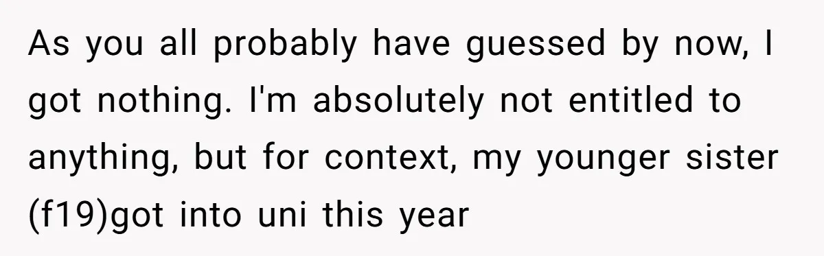 As you all probably have guessed by now, I got nothing. I'm absolutely not entitled to anything, but for context, my younger sister (f19)got into uni this year