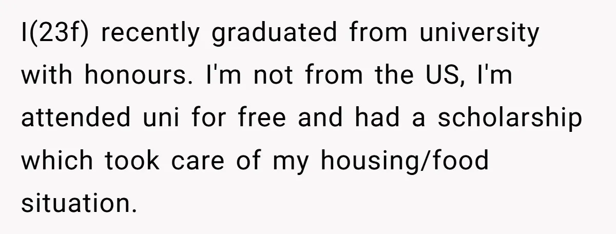 I(23f) recently graduated from university with honours. I'm not from the US, I'm attended uni for free and had a scholarship which took care of my housing/food situation.