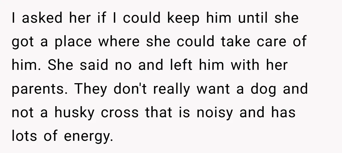I asked her if I could keep him until she got a place where she could take care of him. She said no and left him with her parents. They...