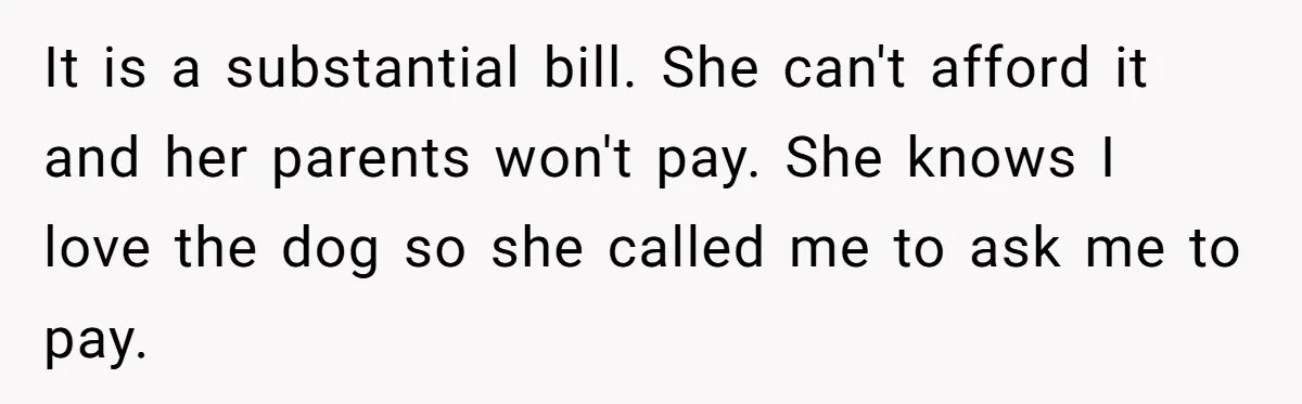 It is a substantial bill. She can't afford it and her parents won't pay. She knows I love the dog so she called me to ask me to pay.