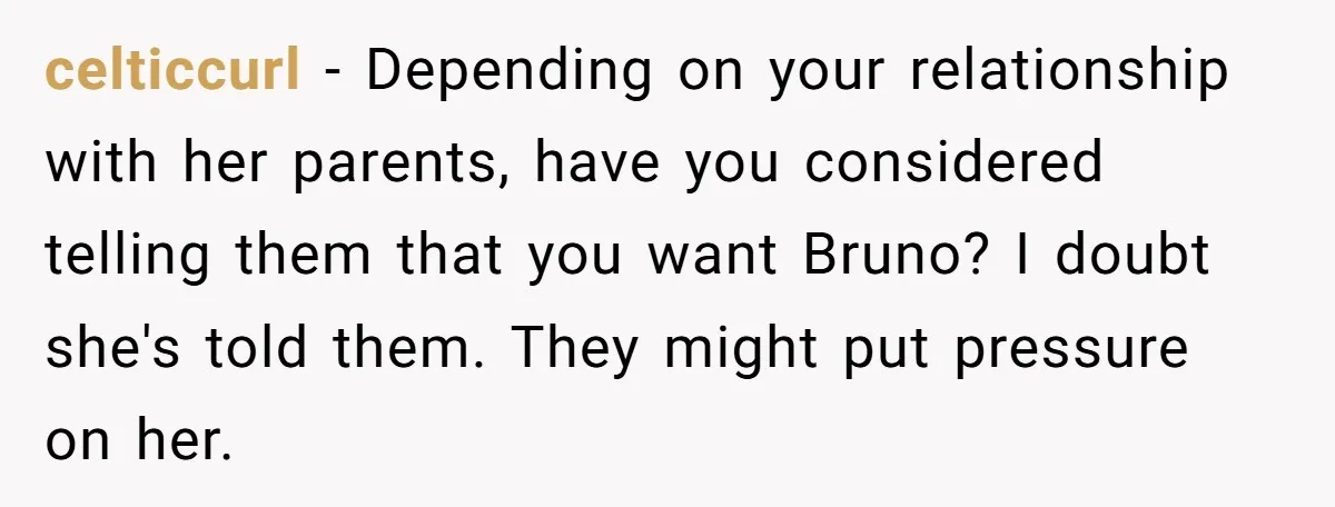 celticcurl − Depending on your relationship with her parents, have you considered telling them that you want Bruno? I doubt she's told them. They might put pressure on her.