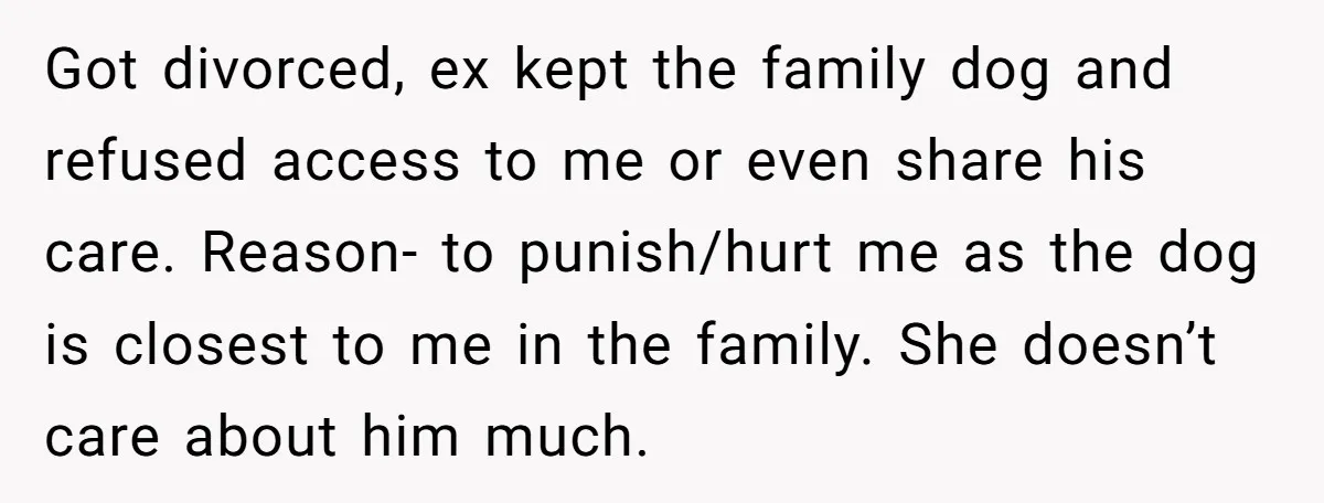 Got divorced, ex kept the family dog and refused access to me or even share his care. Reason- to punish/hurt me as the dog is closest to me in the...