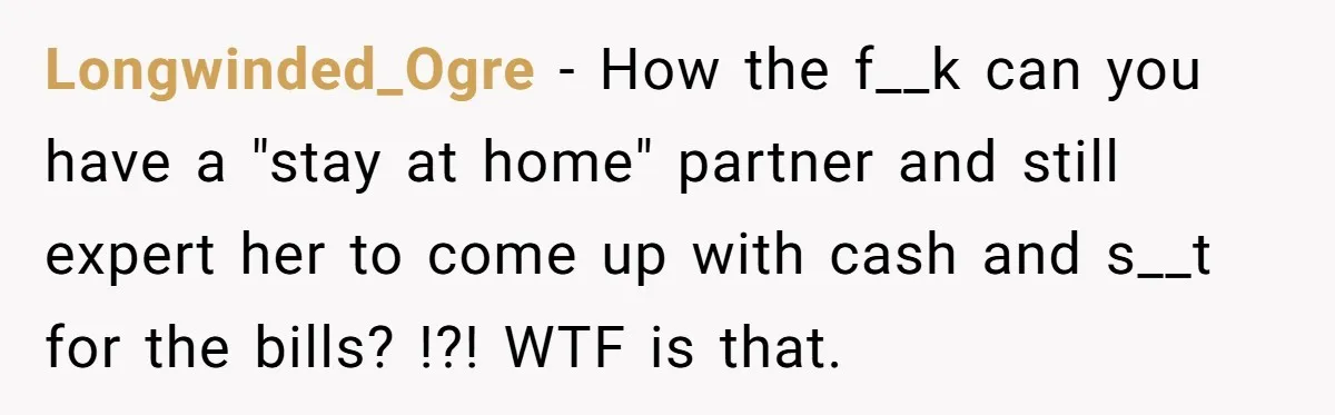 Longwinded_Ogre − How the f__k can you have a "stay at home" partner and still expert her to come up with cash and s__t for the bills? !?! WTF is...
