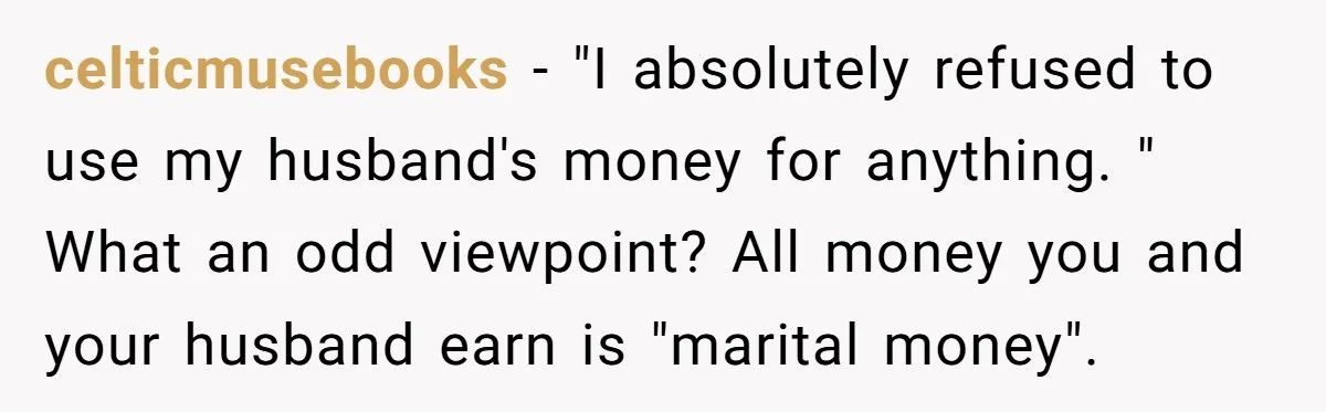 celticmusebooks − "I absolutely refused to use my husband's money for anything. " What an odd viewpoint? All money you and your husband earn is "marital money".