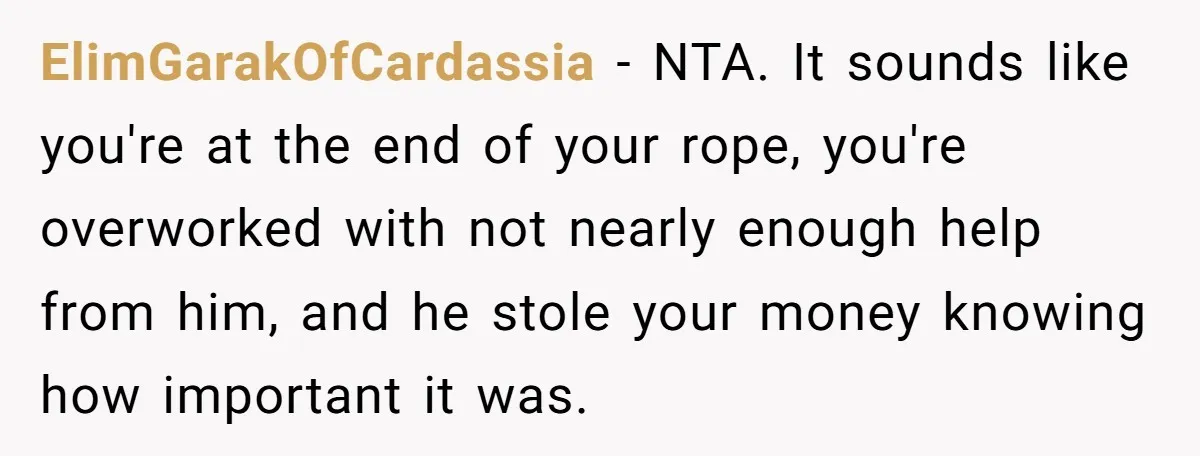ElimGarakOfCardassia − NTA. It sounds like you're at the end of your rope, you're overworked with not nearly enough help from him, and he stole your money knowing how important...