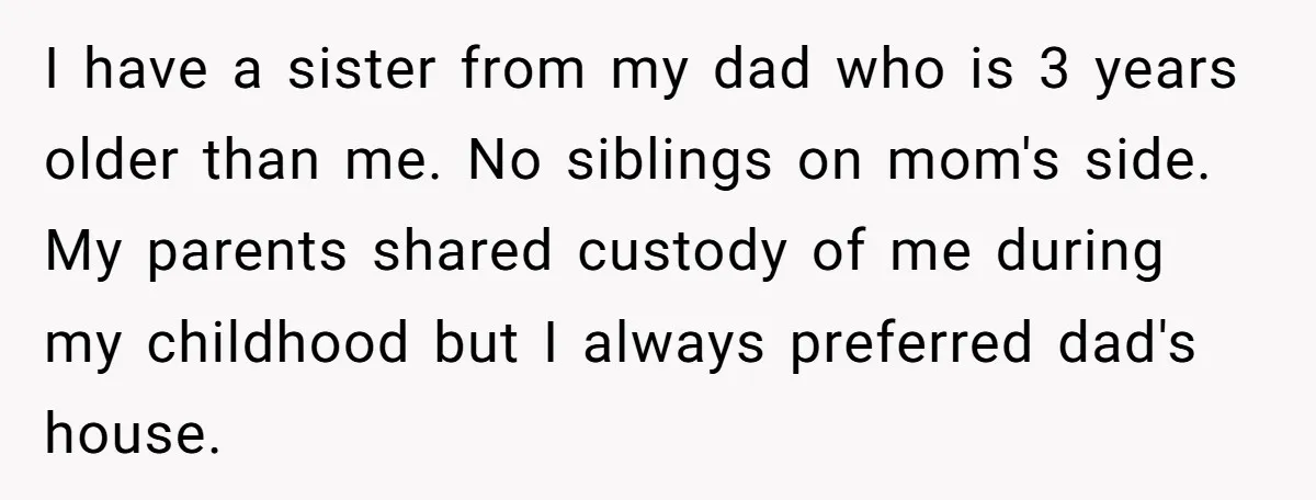 I have a sister from my dad who is 3 years older than me. No siblings on mom's side. My parents shared custody of me during my childhood but I...